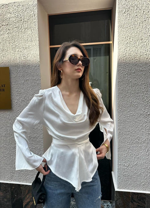 Premium Satin Cowl Neck Waist Tie Trumpet Sleeves Tops
